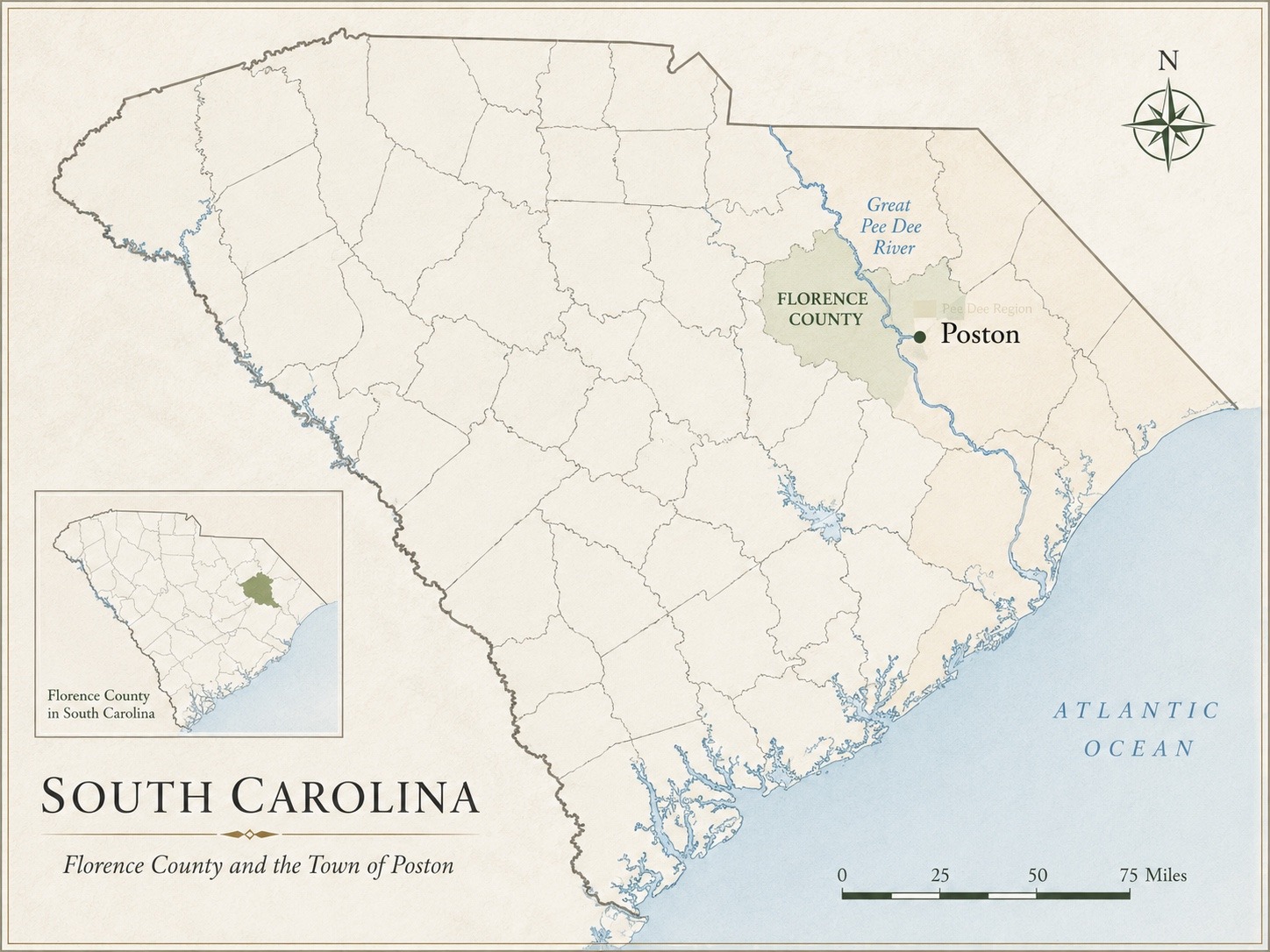Map of Poston, South Carolina in Florence County near the Great Pee Dee River, South Carolina Highway 51, U.S. Route 378, and the railroad corridor associated with the community's development.